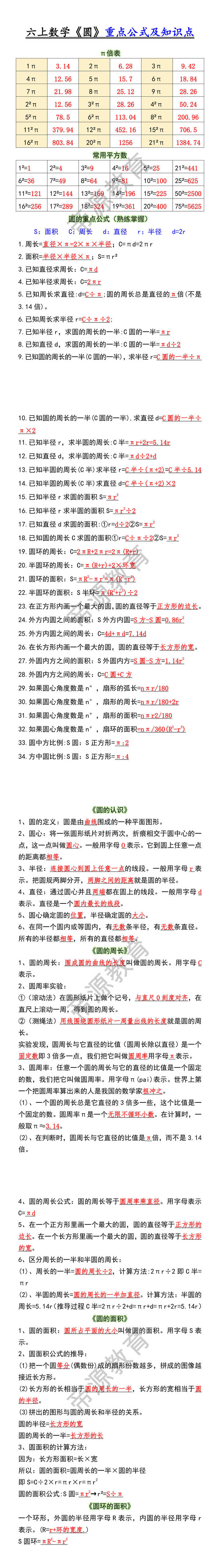 六上数学《圆》重点公式及知识点