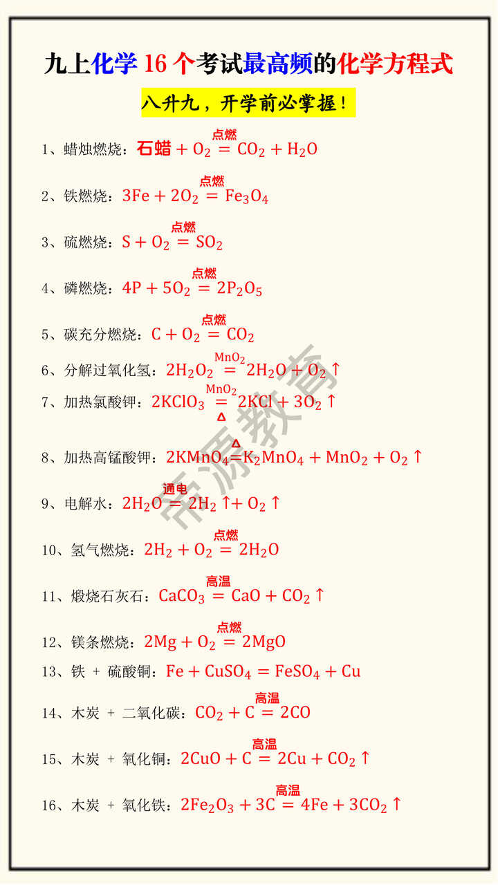 九上化学16个考试最高频的化学方程式