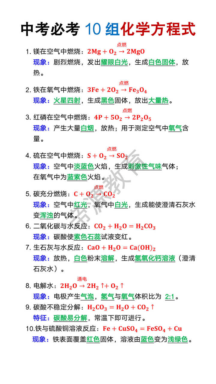 中考必考10组化学方程式