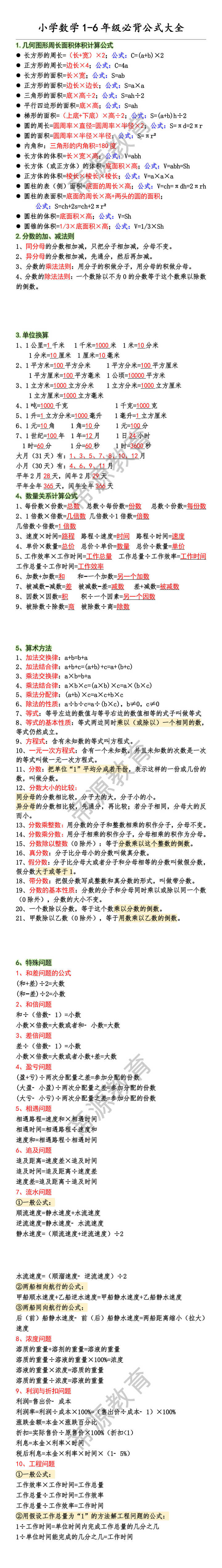 小学数学1-6年级必背公式大全