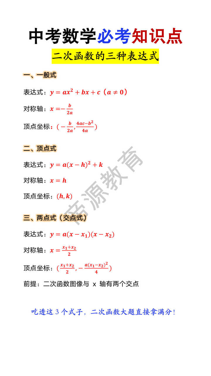 中考数学二次函数的三种表达式