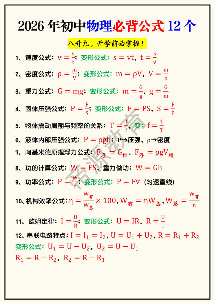 2026年初中物理必背公式12个