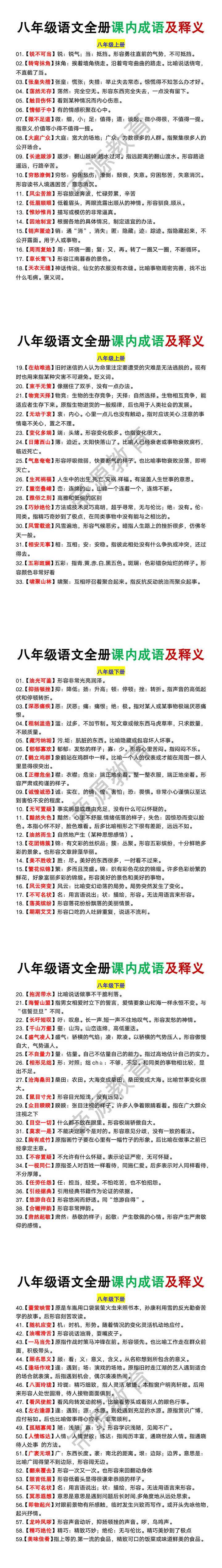 八年级语文全册课内成语及释义