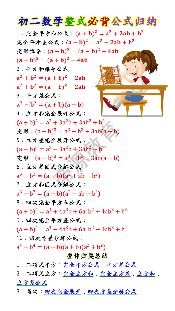 初二数学整式必背公式归纳