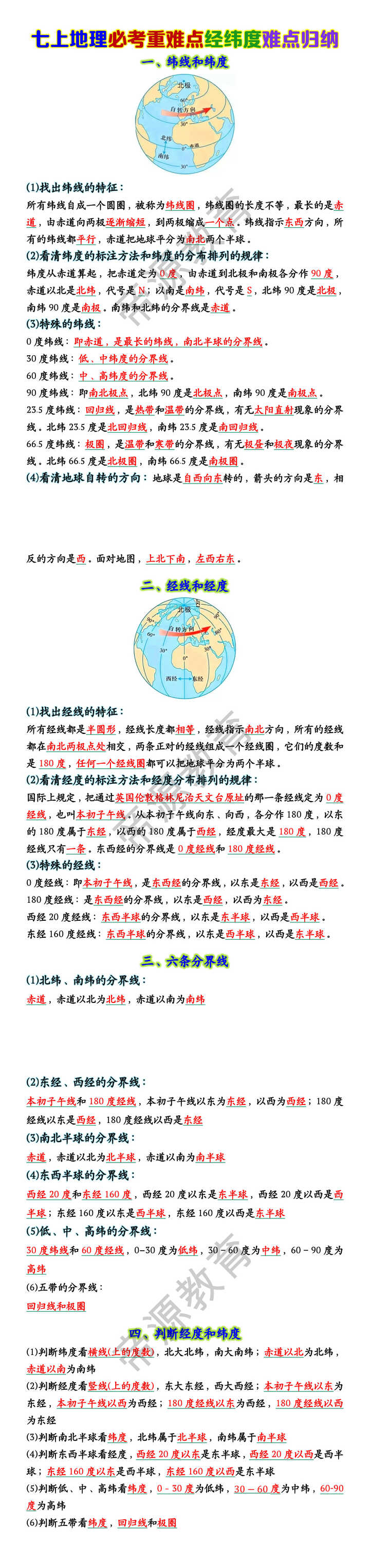 七上地理必考重难点经纬度难点归纳 七上地理必考重难点经纬度难点归纳