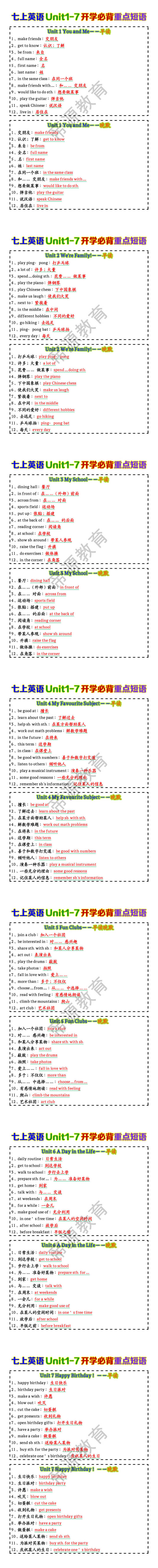 七上英语Unit1-7开学必背重点短语