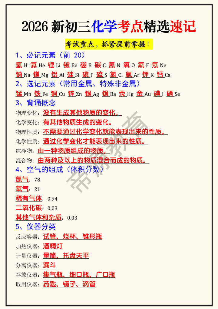 2026新初三化学考点精选速记