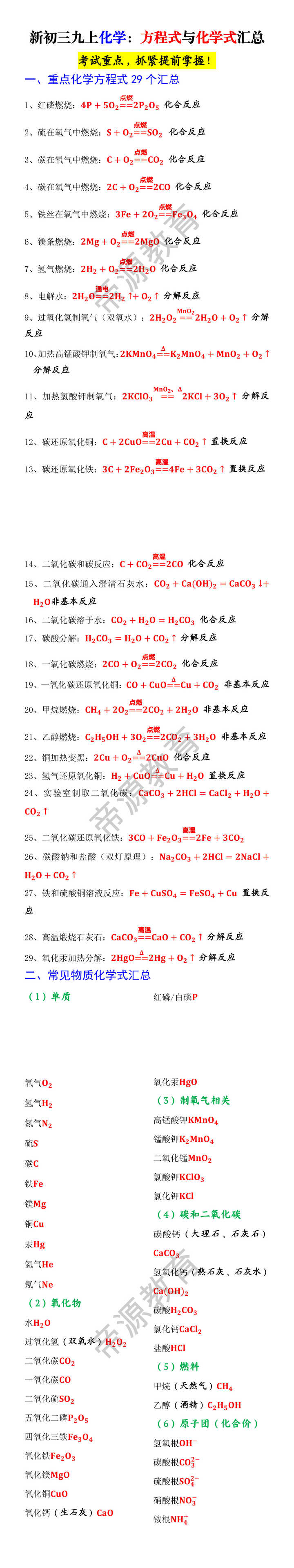 新初三九上化学：方程式与化学式汇总