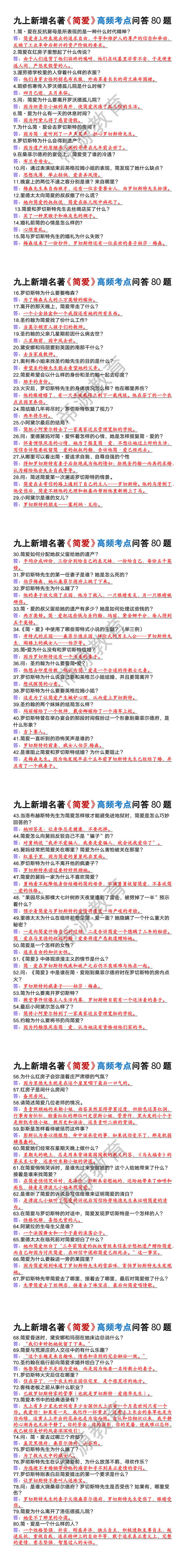 九年级上册语文新增名著《简爱》高频考点问答80题