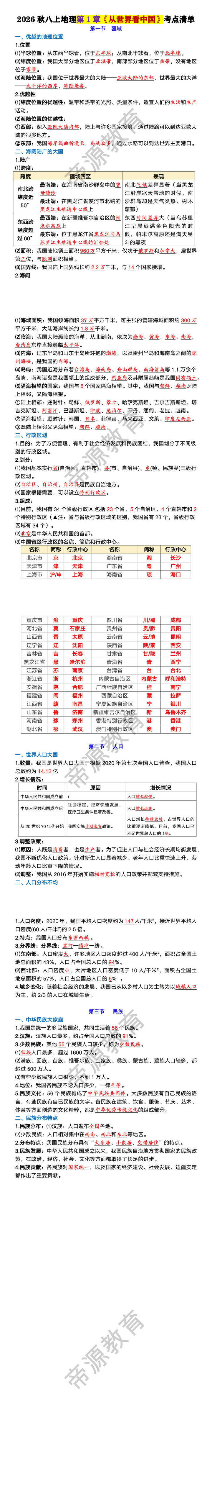 2026秋八上地理第1章《从世界看中国》考点清单