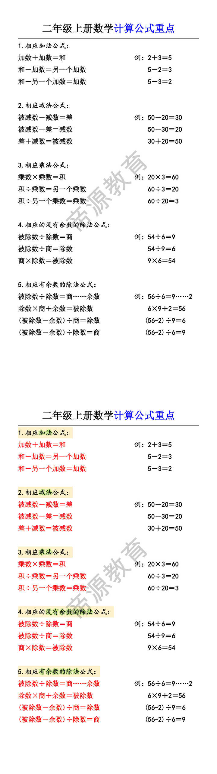 二年级上册数学计算公式重点