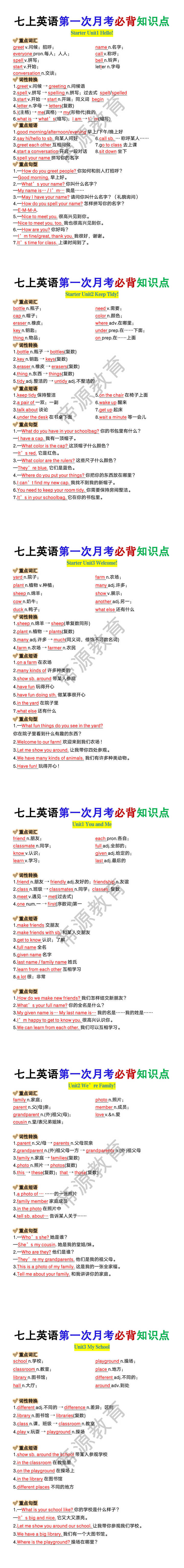七上英语第一次月考必背知识点