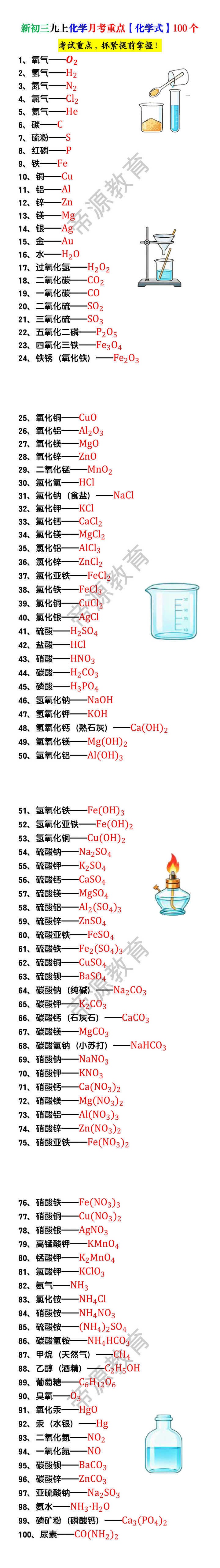 新初三九上化学月考重点【化学式】100个