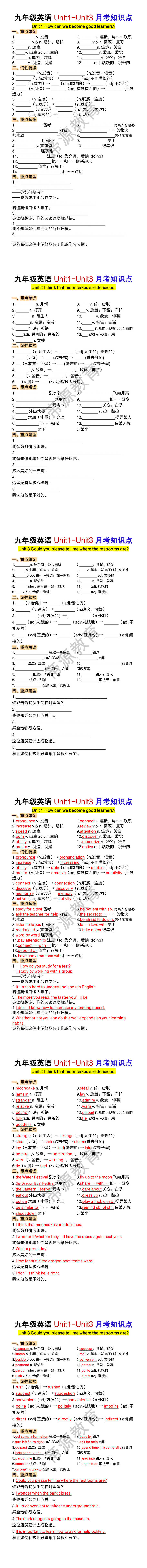 九年级英语 Unit1-Unit3 月考知识点