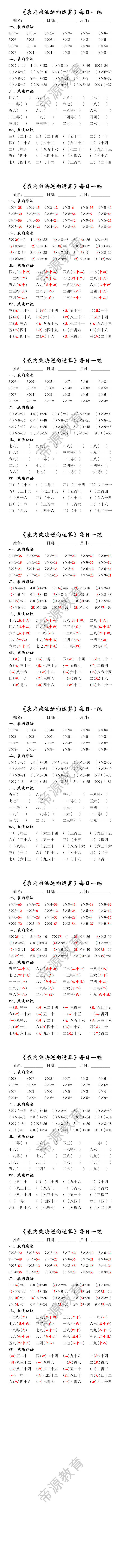 二年级上册表内乘法口诀逆向思维训练 二年级上册表内乘法口诀逆向思维训练