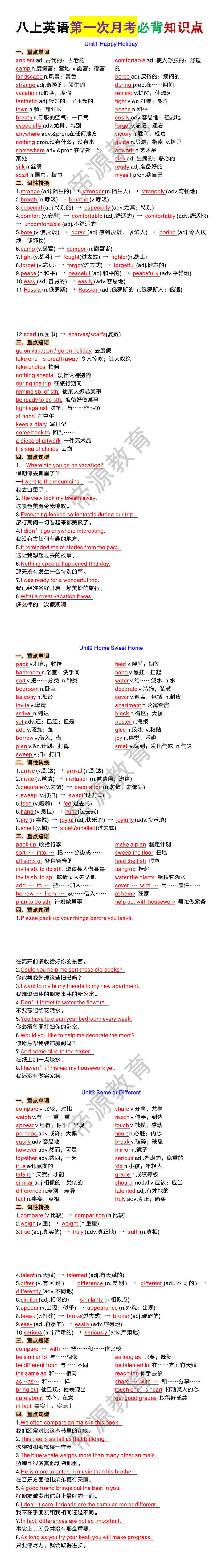 八年级上册英语第一次月考必背知识点 八年级上册英语第一次月考必背知识点