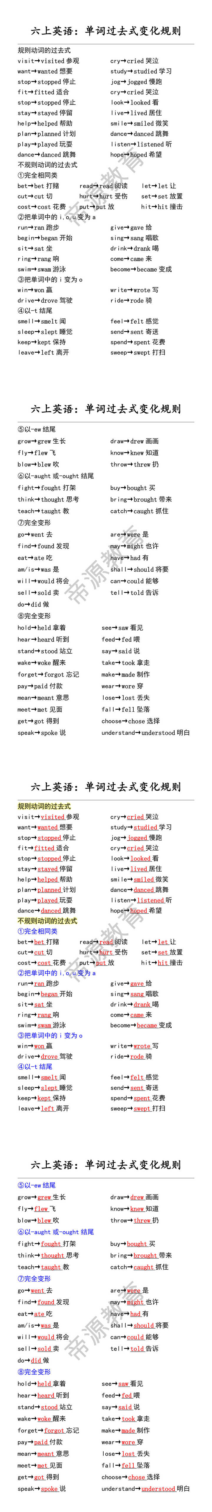六上英语:单词过去式变化规则 六上英语:单词过去式变化规则