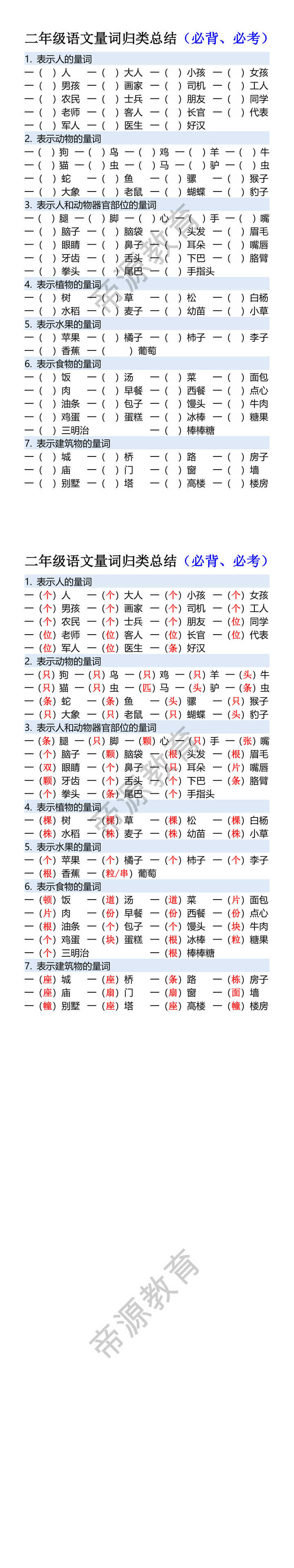 二年级语文量词归类总结（必背、必考）