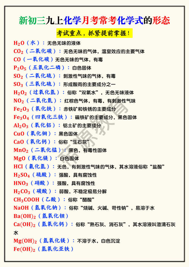 新初三九上化学月考常考化学式的形态 新初三九上化学月考常考化学式的形态