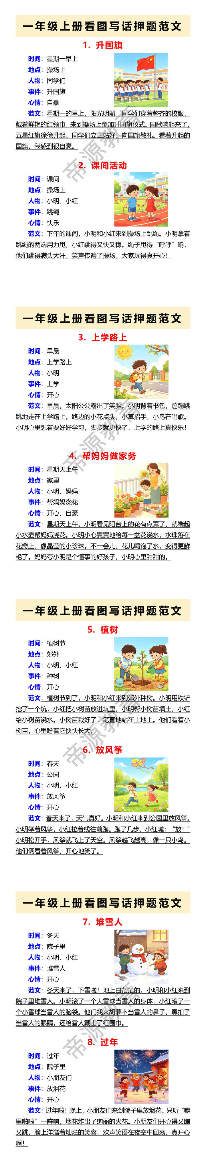 一年级上册看图写话押题范文