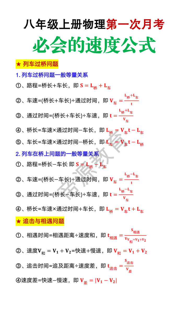 八年级上册物理第一次月考必会的速度公式