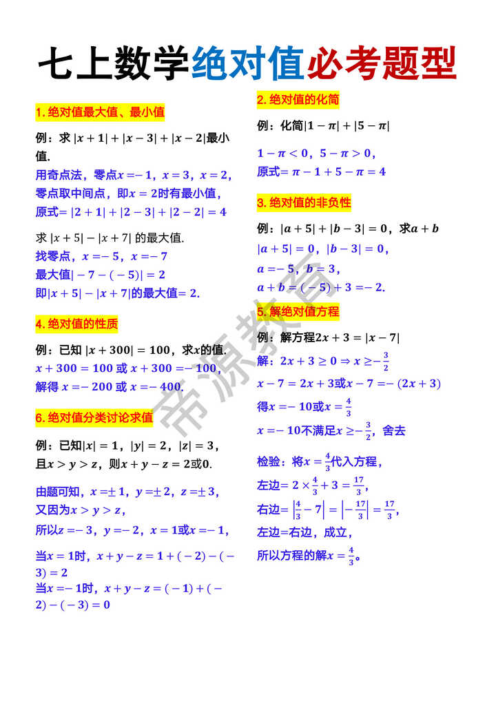 七年级上册数学绝对值必考题型