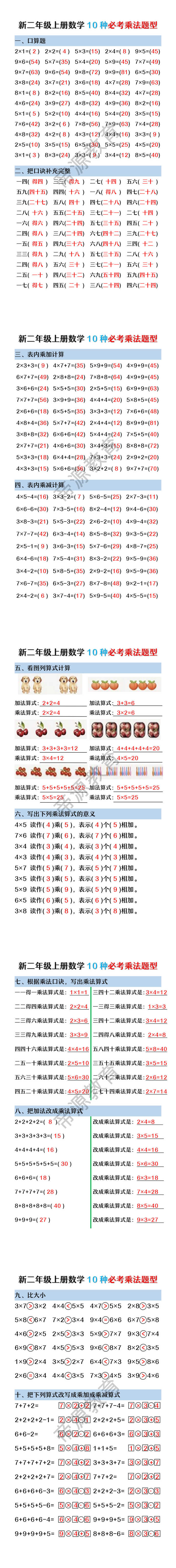 新二年级上册数学10种必考乘法题型 新二年级上册数学10种必考乘法题型