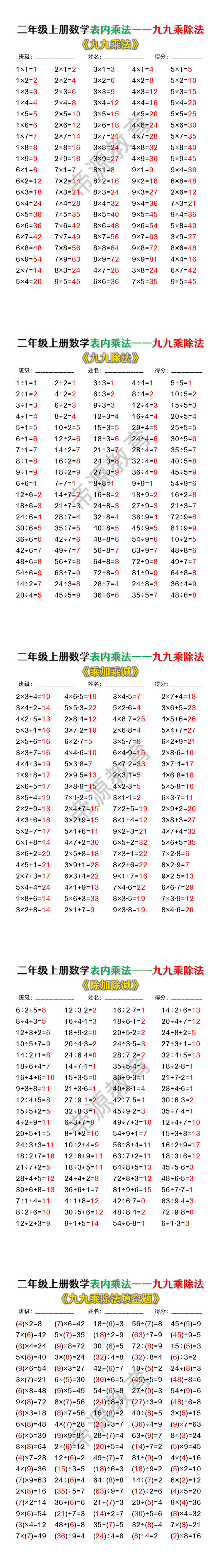 二年级上册数学表内乘法一一九九乘除法 二年级上册数学表内乘法一一九九乘除法