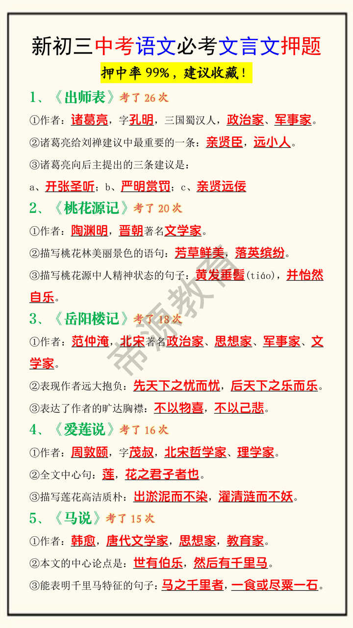 新初三中考语文必考文言文押题