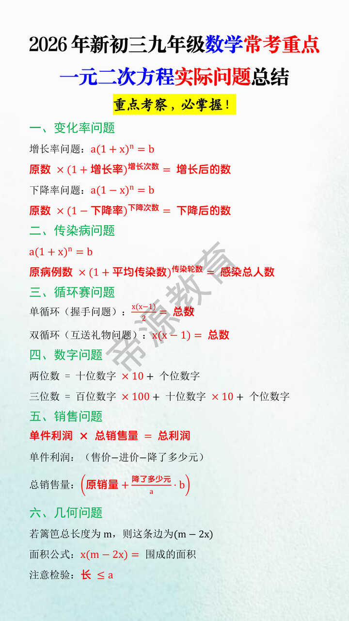 2026年新初三九年级数学常考重点一元二次方程实际问题总结 2026年新初三九年级数学常考重点一元二次方程实际问题总结