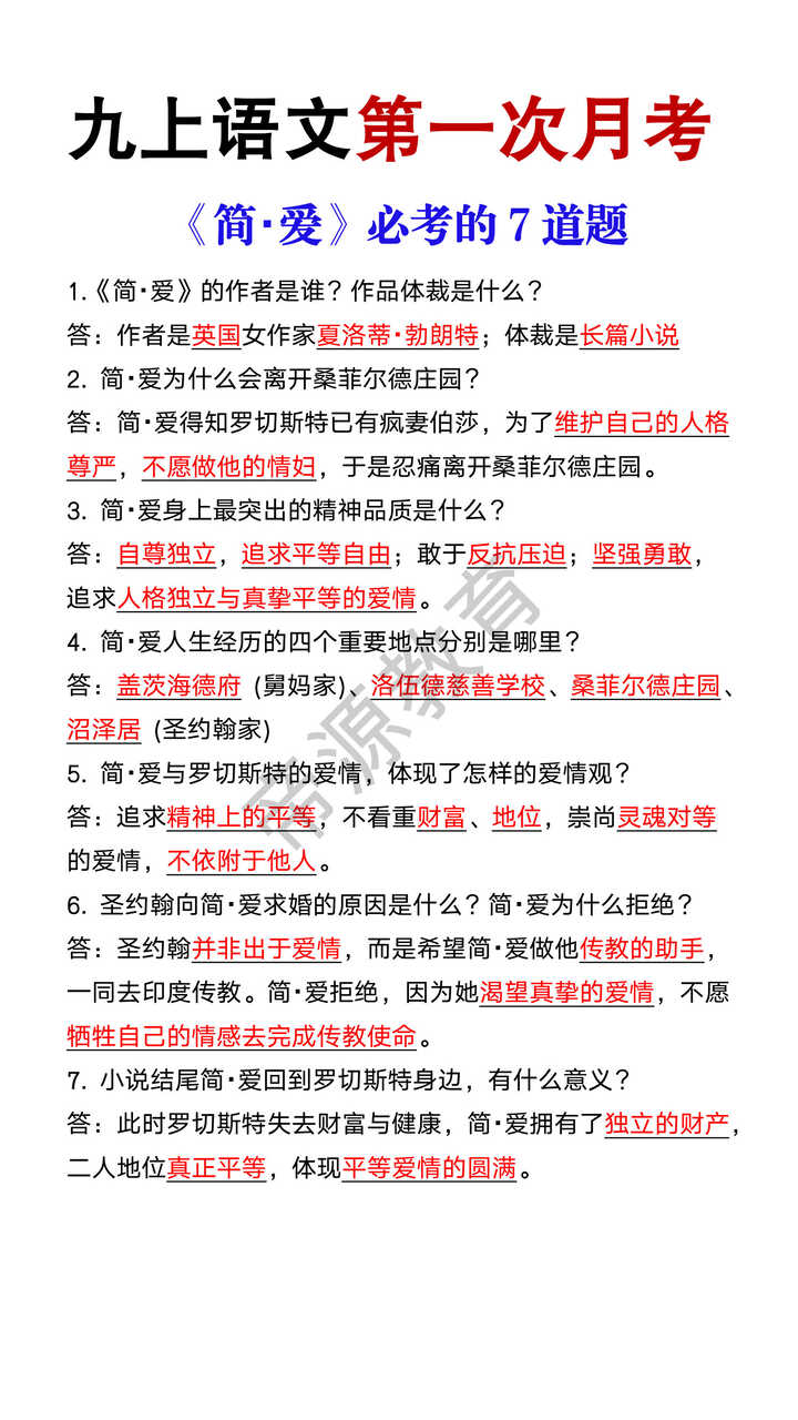 九上语文第一次月考《简・爱》必考的7道题 九上语文第一次月考《简・爱》必考的7道题