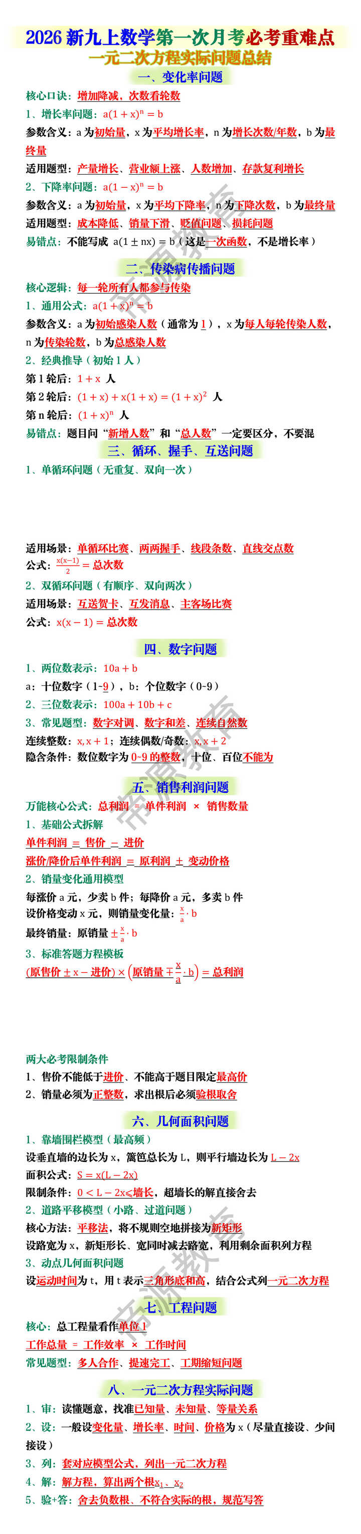 2026新九上数学第一次月考必考重难点：一元二次方程实际问题总结