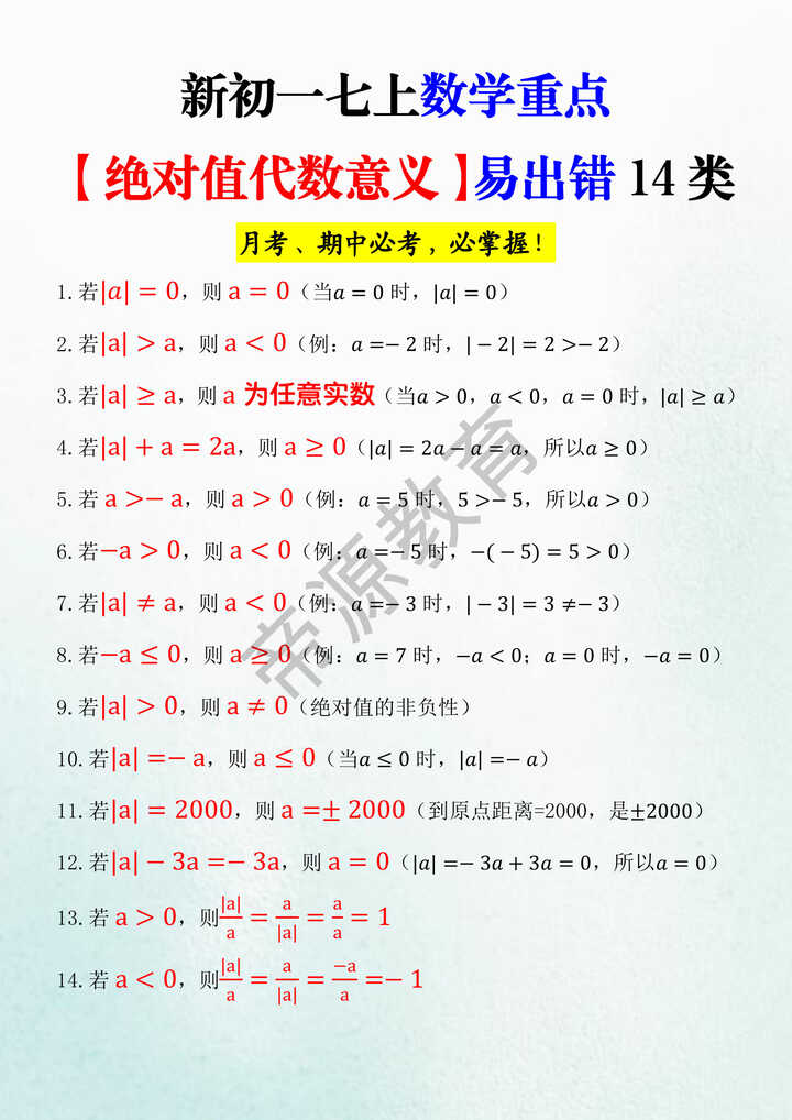 新初一七上数学重点【绝对值代数意义】易出错14类