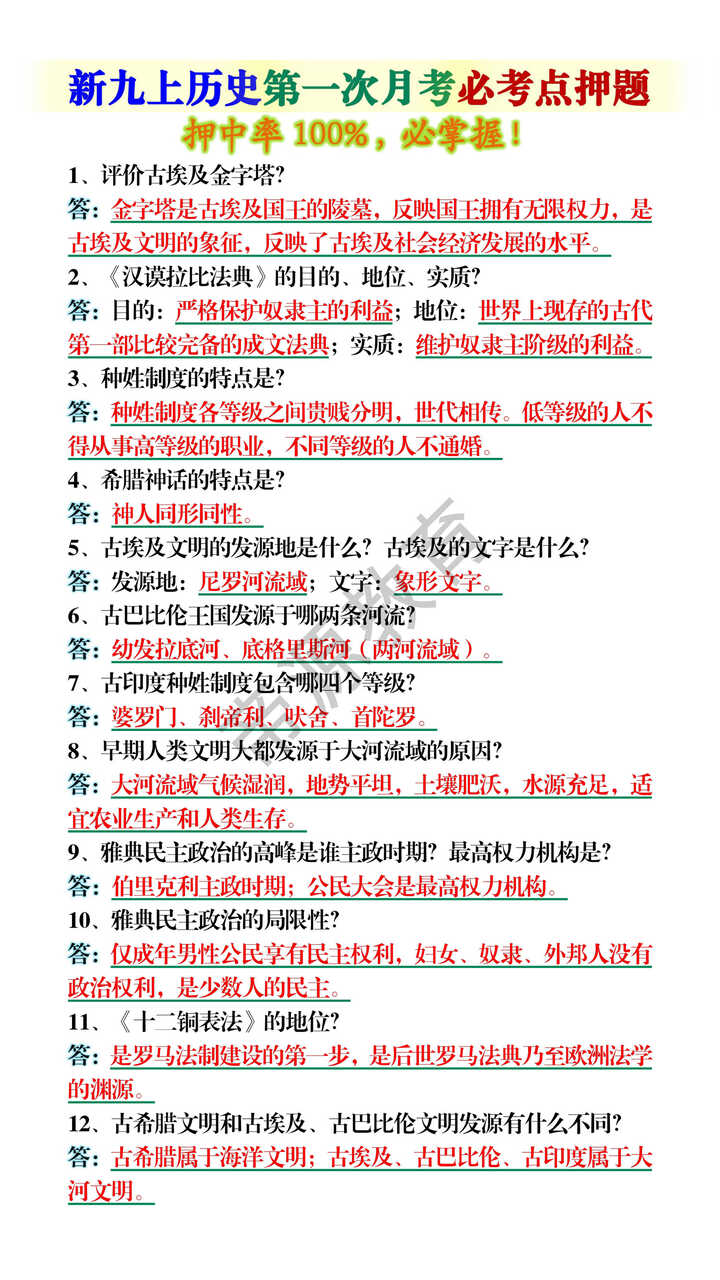 新九上历史第一次月考必考点押题