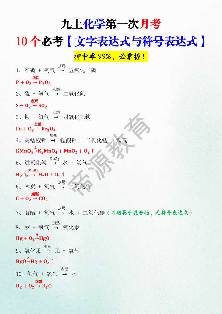 九上化学第一次月考10个必考【文字表达式与符号表达式】