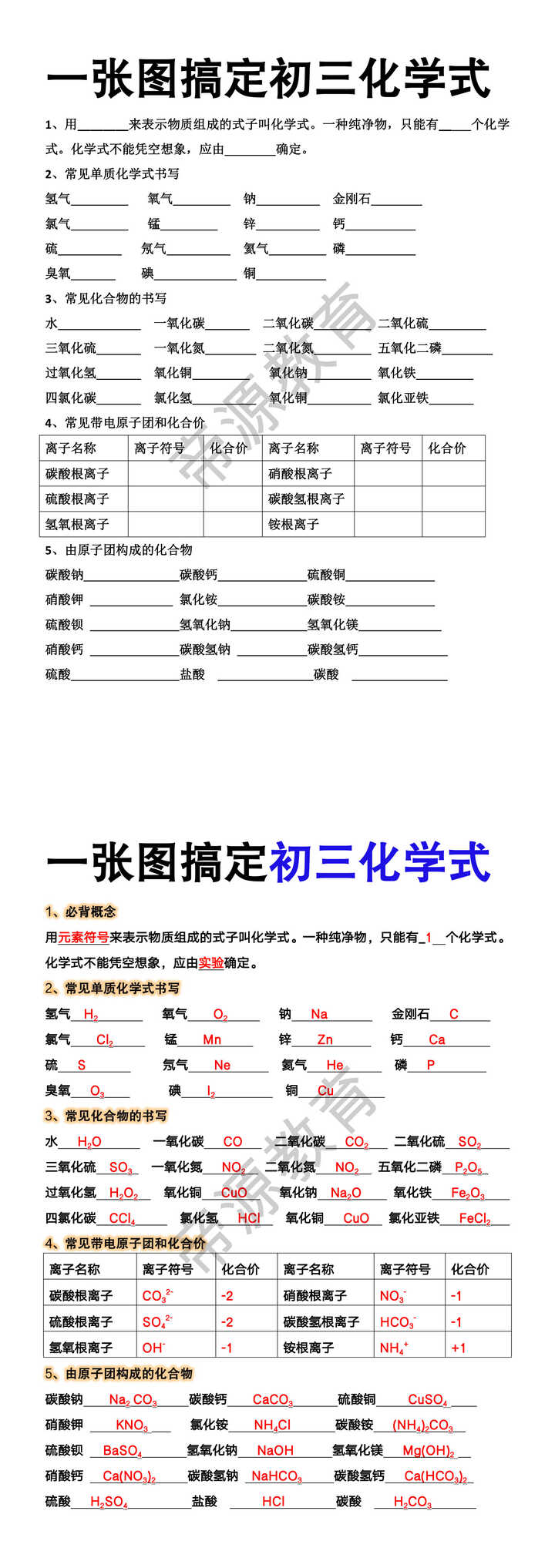 初三化学式书写练习