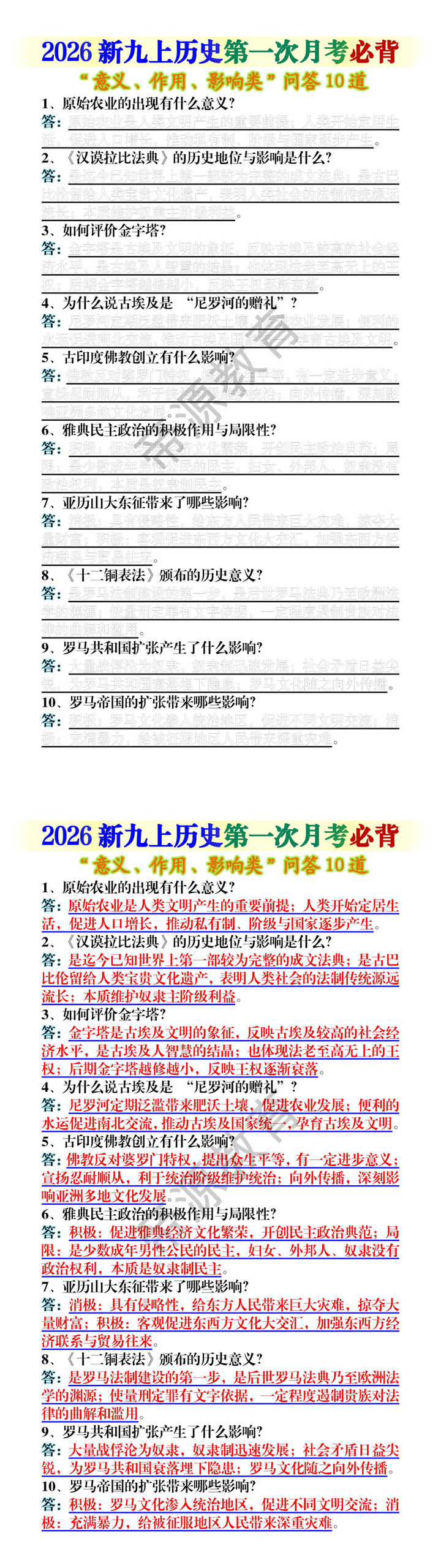 2026新九上历史第一次月考必背:“意义、作用、影响类”问答10道 2026新九上历史第一次月考必背:“意义、作用、影响类”问答10道