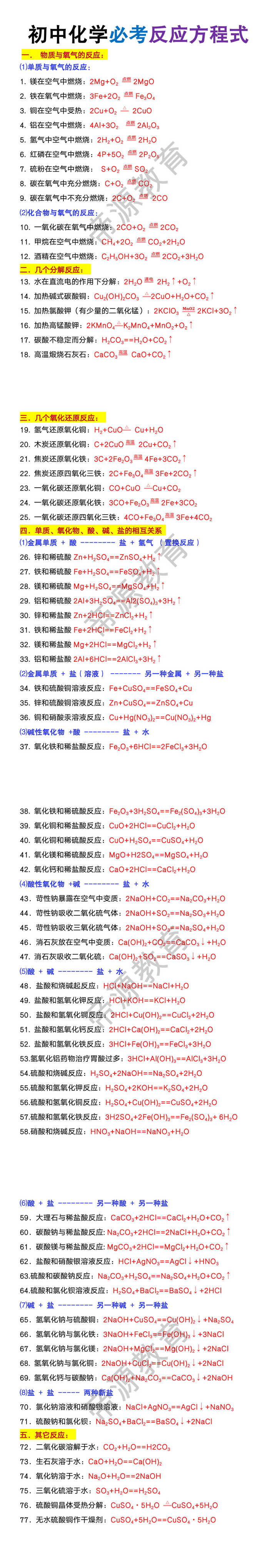 初中化学方程式大全 初中化学方程式大全