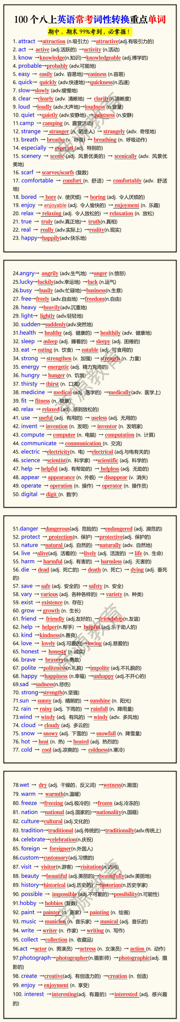 100个八上英语常考词性转换重点单词