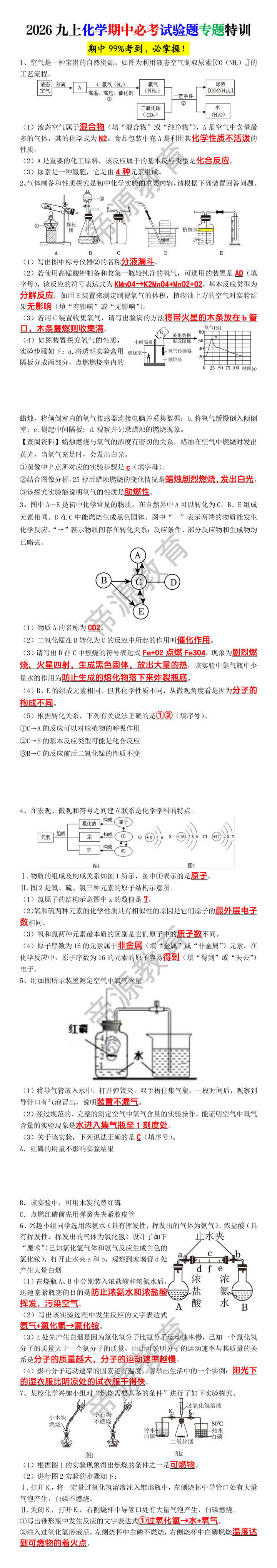 2026九上化学期中必考试验题专题特训