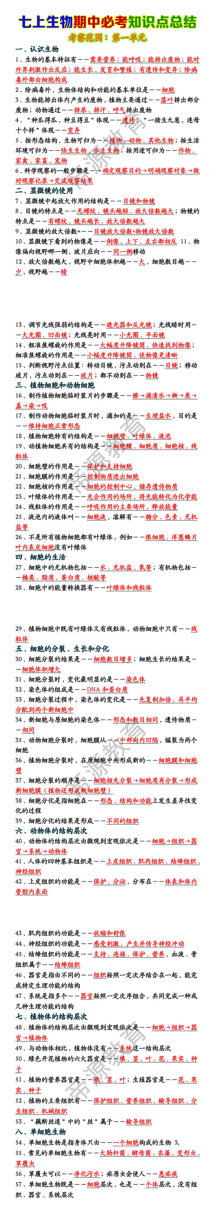 七上生物期中必考知识点总结