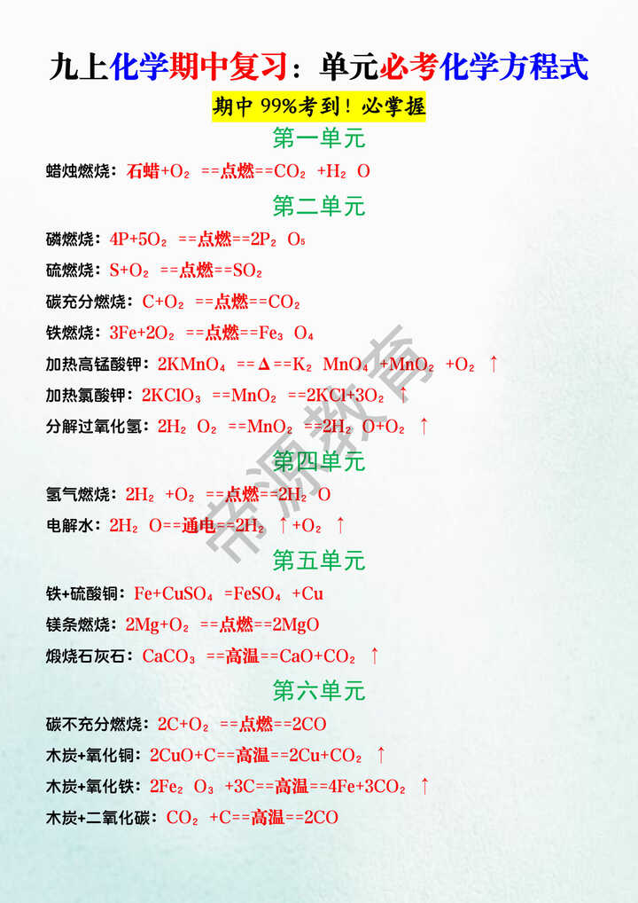 九上化学期中复习：单元必考化学方程式