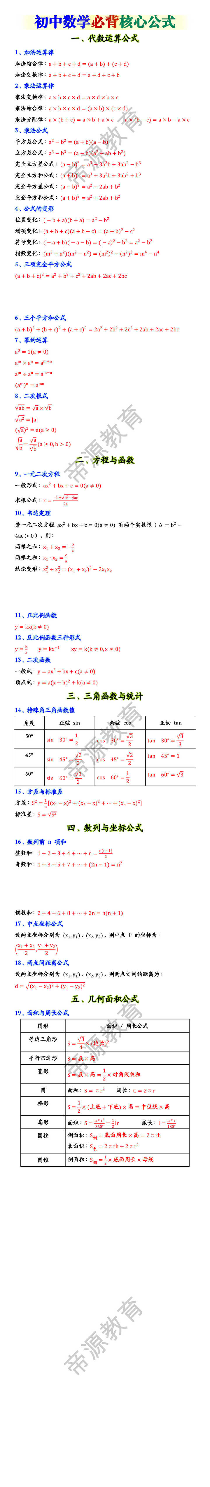 初中数学必背核心公式