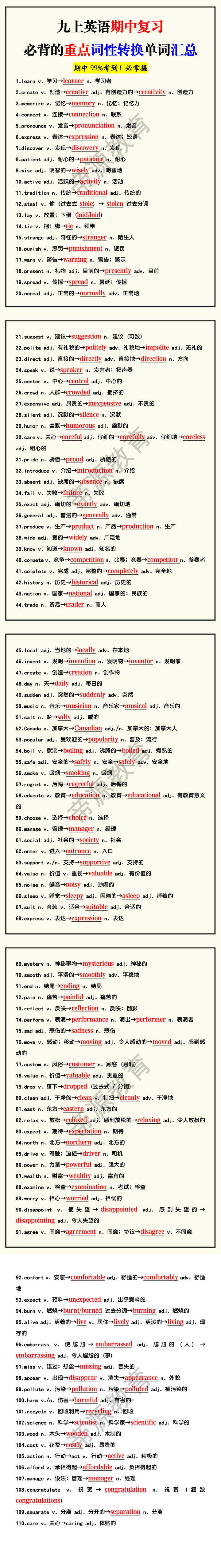 九上英语期中复习必背的重点词性转换单词汇总