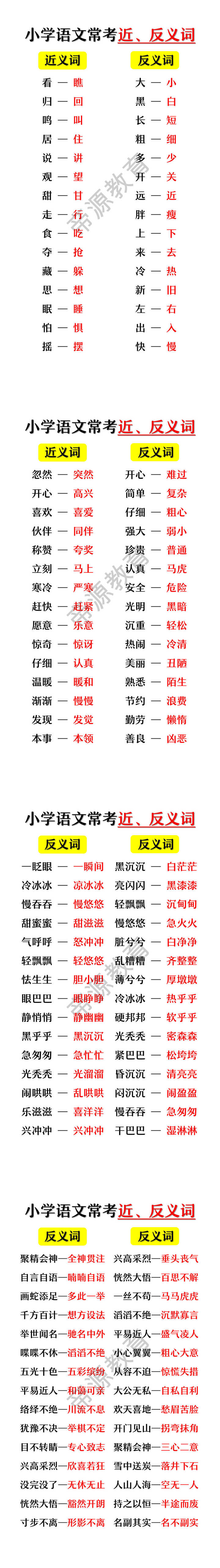 小学语文常考近、反义词